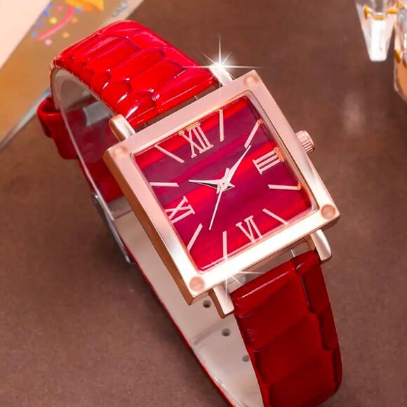 New 5pc Women's Red Watch & Heart Bracelet Set with Earrings, Necklace & Ring - Picture 2 of 5